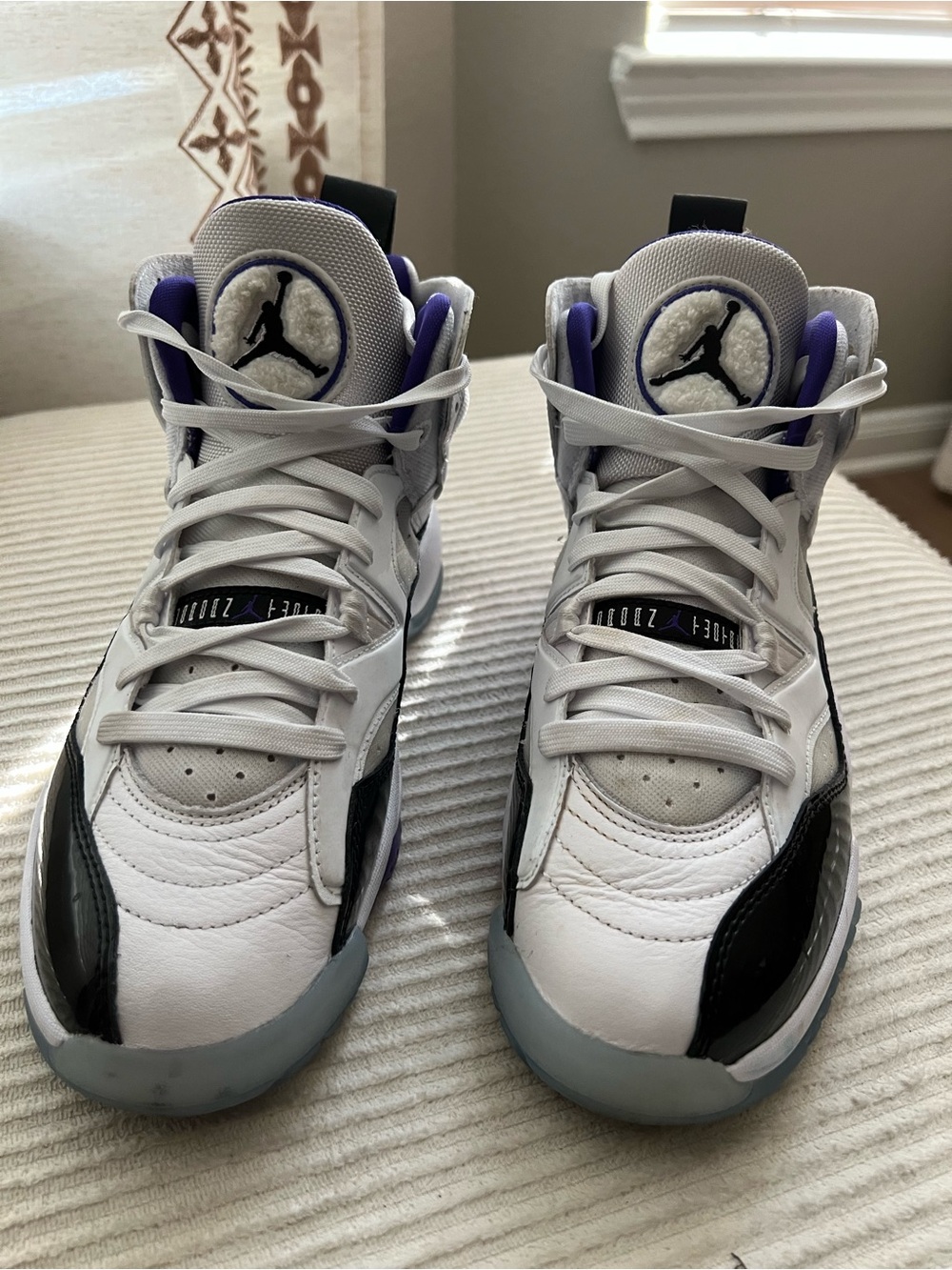 Jordan High-Top Sneakers in White, Black & Purple